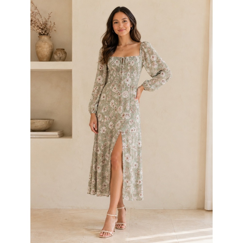 NWT Altard State Jessica Floral Midi Dress Milkmaid Coquette Cottage Green XL